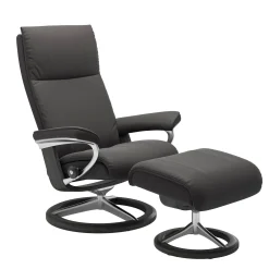 Stressless Sessel>Aura Signature Sessel mit Hocker M Leder Paloma Rock Grau Chrom